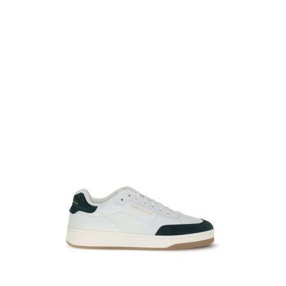 Saint Laurent White Calf Leather Bos Taurus Low Top Sneakers with suede panel and logos, flat sole, lace-up closure, AW25.