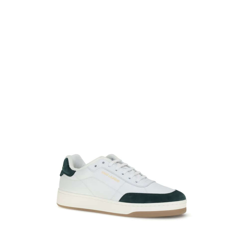 Saint Laurent White Calf Leather Bos Taurus Low Top Sneakers with suede panel, flat sole, and lace-up closure.