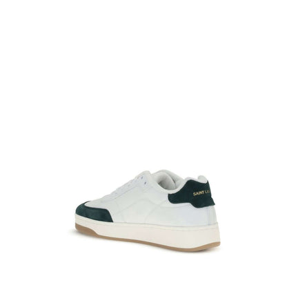 Saint Laurent White Calf Leather Bos Taurus Low Top Sneakers with logos on side and heel, suede panel, and flat rubber sole.