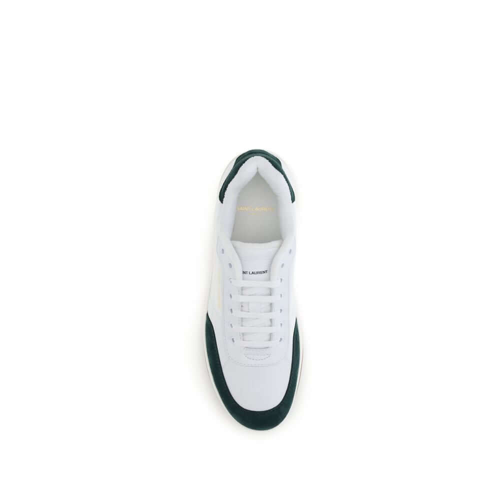 Top view of Saint Laurent White Calf Leather Bos Taurus Low Top Sneakers with lace-up closure and suede detailing.