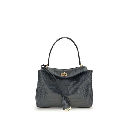 Balenciaga Black Calf Leather Bos Taurus Shoulder Bag in crocodile-print with top handle and removable strap.