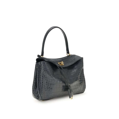Balenciaga Black Calf Leather Bos Taurus Shoulder Bag with crocodile-print and gold turn lock closure.