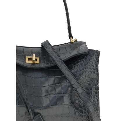 Balenciaga Black Calf Leather Bos Taurus Shoulder Bag with crocodile-print and removable strap
