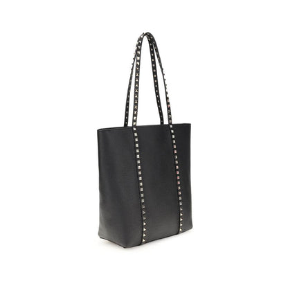 Valentino Garavani Black Calf Leather Bos Taurus Shoulder Bag with platinum studs and grained finish, side view