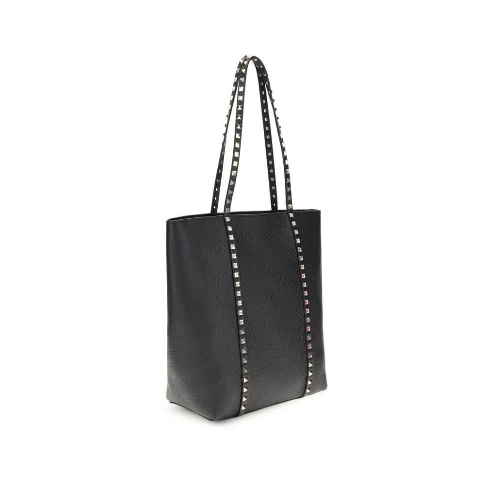 Valentino Garavani Black Calf Leather Bos Taurus Shoulder Bag with iconic Rockstud design and elegant platinum-finish studs.