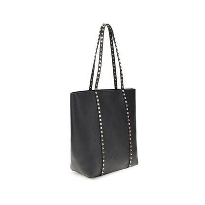 Valentino Garavani Black Calf Leather Bos Taurus Shoulder Bag with iconic Rockstud design and elegant platinum-finish studs.