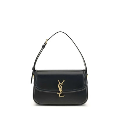 Saint Laurent Black Calf Leather Bos Taurus Shoulder Bag with bronze Cassandre logo and adjustable strap.