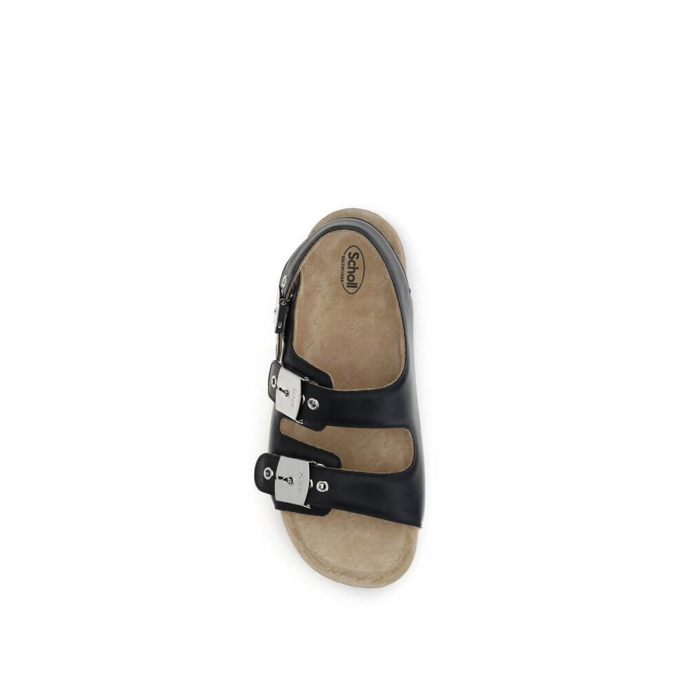 Top view of Balenciaga Black Calf Leather Bos Taurus Flat Sandals with adjustable straps and ergonomic insole, featuring Scholl and Balenciaga logos.