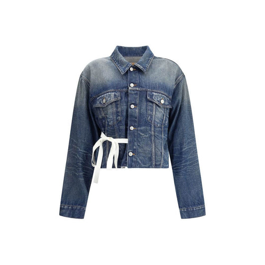 MM6 Blue Cotton Denim Jacket with raw-cut hem and knotted ribbon applique