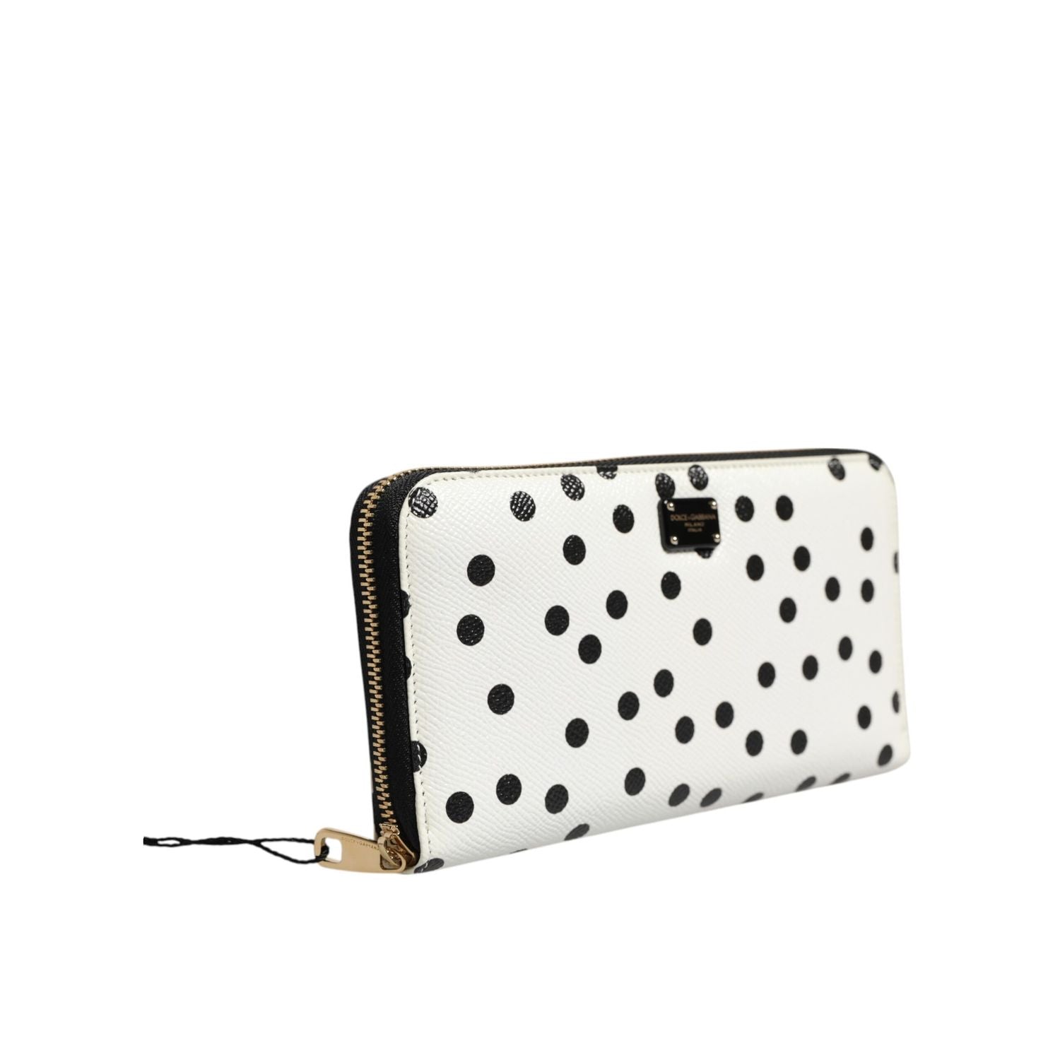 Dolce & Gabbana White Black Dotted Leather Zip Around Continental Wallet