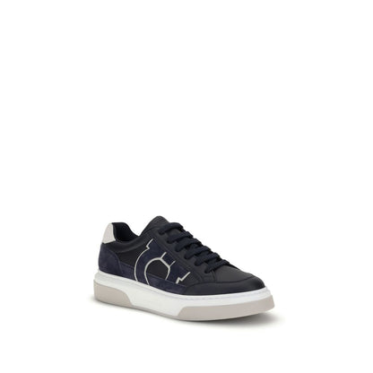 Ferragamo Blue Calf Leather Bos Taurus Low Top Sneakers with Gancini silhouette, retro ’90s style, textured sole for AW25.