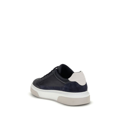 Ferragamo Blue Calf Leather Bos Taurus Low Top Sneakers with Gancini silhouette and suede inserts on a versatile rubber sole.