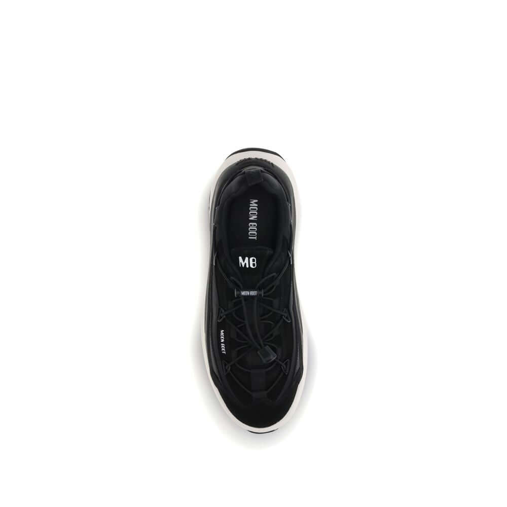 Top view of Moon Boot Black Polyester Athletic Sneakers with crisscrossing laces and embossed logo.