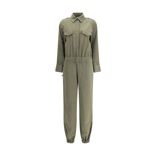 Ella Green Cotton Jumpsuit with button front, collar, and functional pockets. Elastic waistband for tailored fit. AW25 collection.