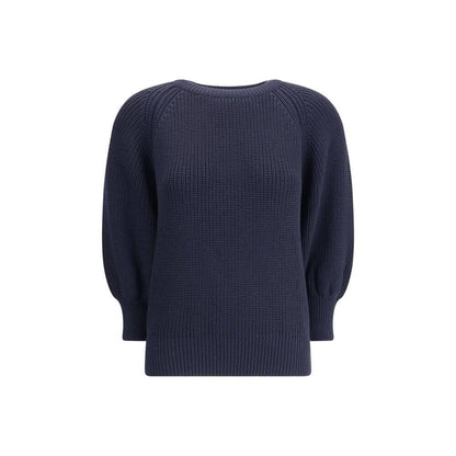 Ella Blue Merino Wool Sweater in chunky knit with ribbed crewneck, hem, and cuffs, perfect for a stylish and comfortable winter look.