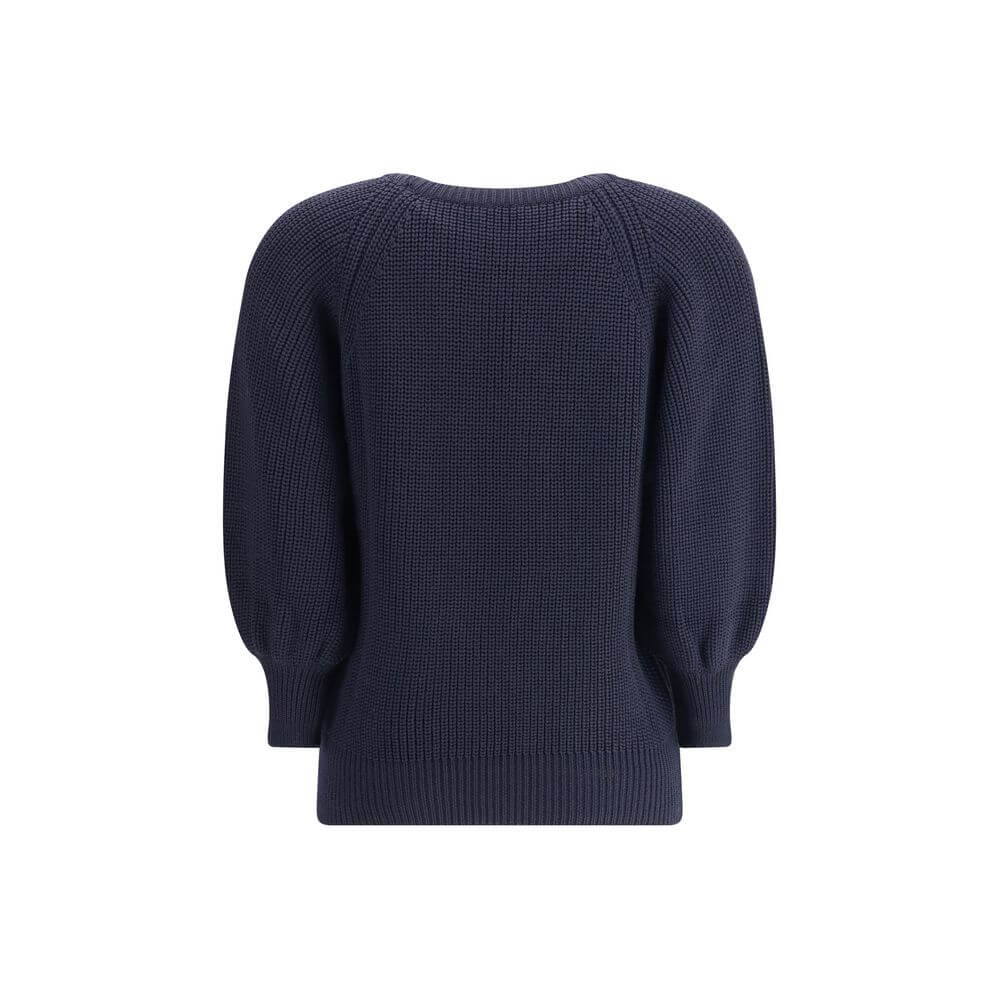 Ella Blue Merino Wool Sweater, chunky knit with ribbed crewneck, hem, and cuffs, made in Italy for stylish cold-weather comfort.