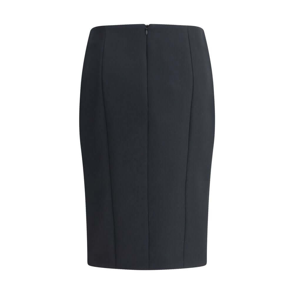 Giorgio Armani Black Recycled Polyester Midi Skirt with clean lines and back zip closure, featuring slanted side pockets. Made in Italy.