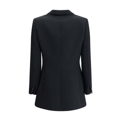 Giorgio Armani Black Polyester Blazer showcasing elegant notched lapels and single-button design, perfect for formal wear.