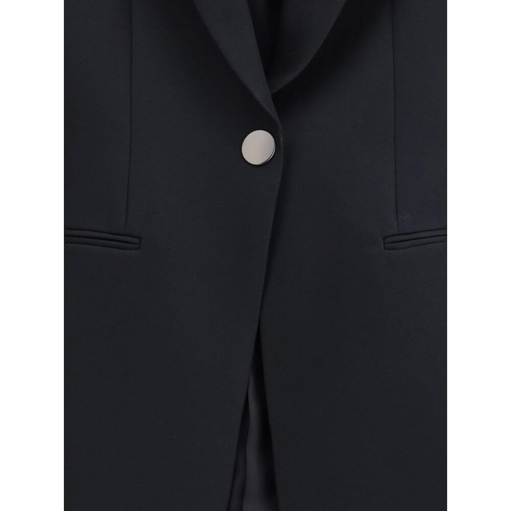 Giorgio Armani Black Polyester Blazer with single-button closure and notched lapels, featuring elegant welt pockets for a refined look.