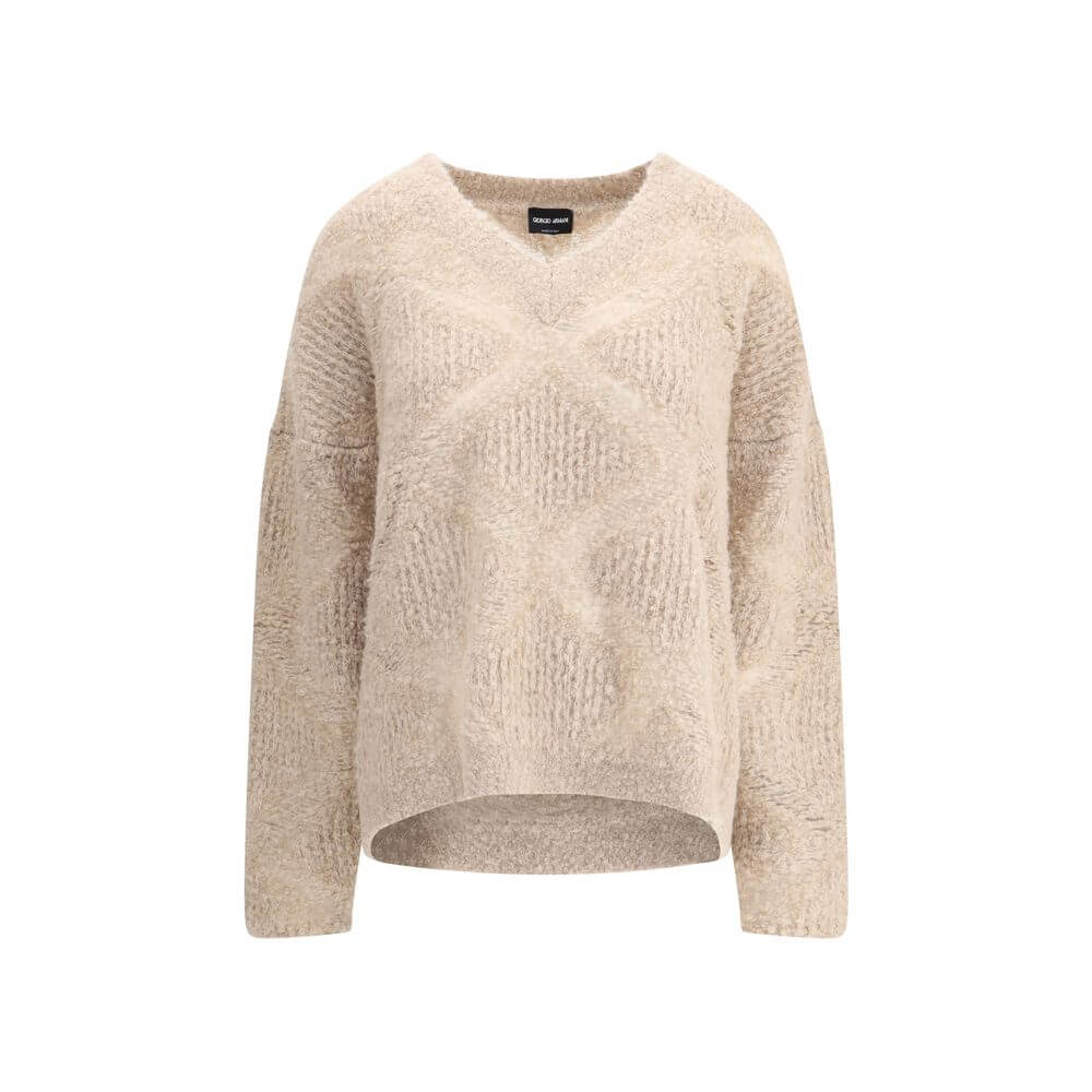 Giorgio Armani Cream Cashmere Cashmere Sweater with V-neck, soft alpaca blend, elegant design, sheer effect, AW25, made in Italy.