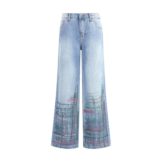 Ella Blue Cotton Jeans Denim with wide-leg, checked paint splatter, slim waist, 5-pocket style, and Italian craftsmanship.