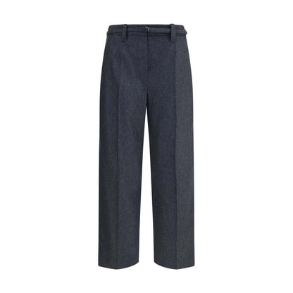 Brunello Cucinelli Gray Fleece Wool Casual Pants, wide leg, front zip closure, adjustable strap, elegant design.