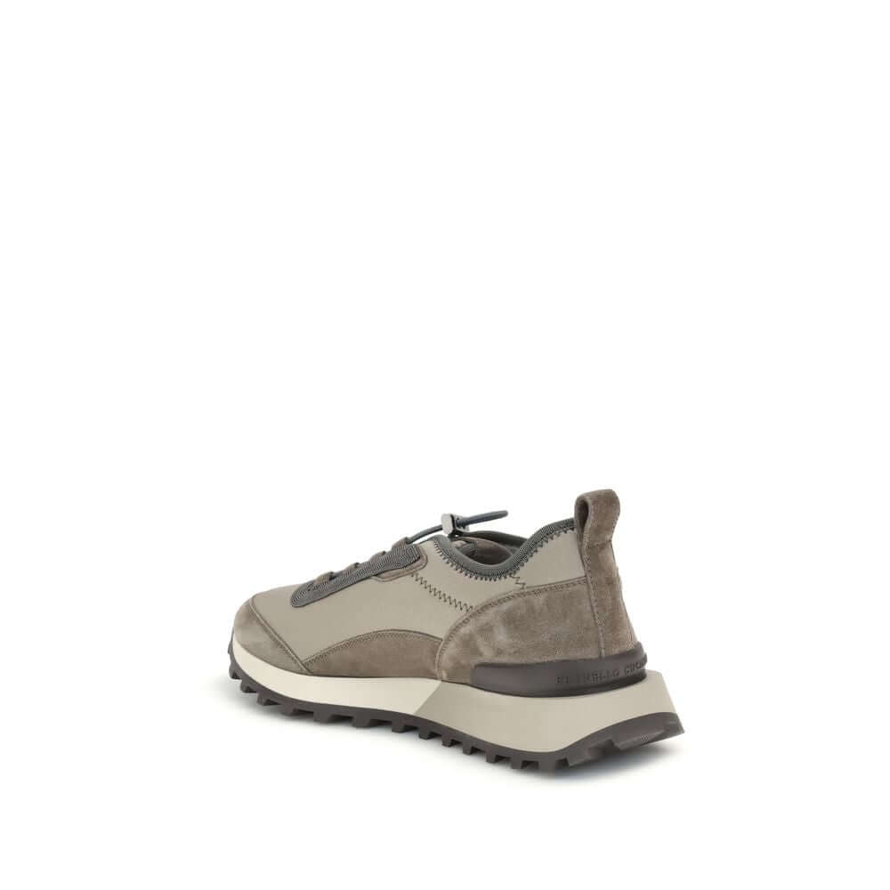 Brunello Cucinelli Brown Leather Athletic Sneakers with drawstring closure and sparkling jewels viewed from the side