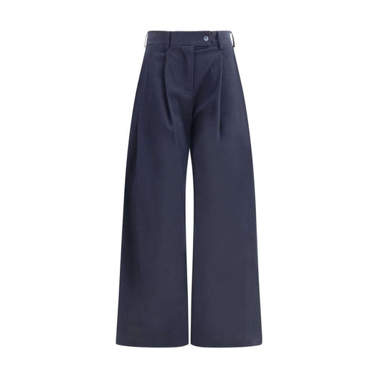 Ella Blue Cotton Casual Pants with wide leg and pleats, front zip closure, belt loops, and side welt pockets, elegant and versatile style.