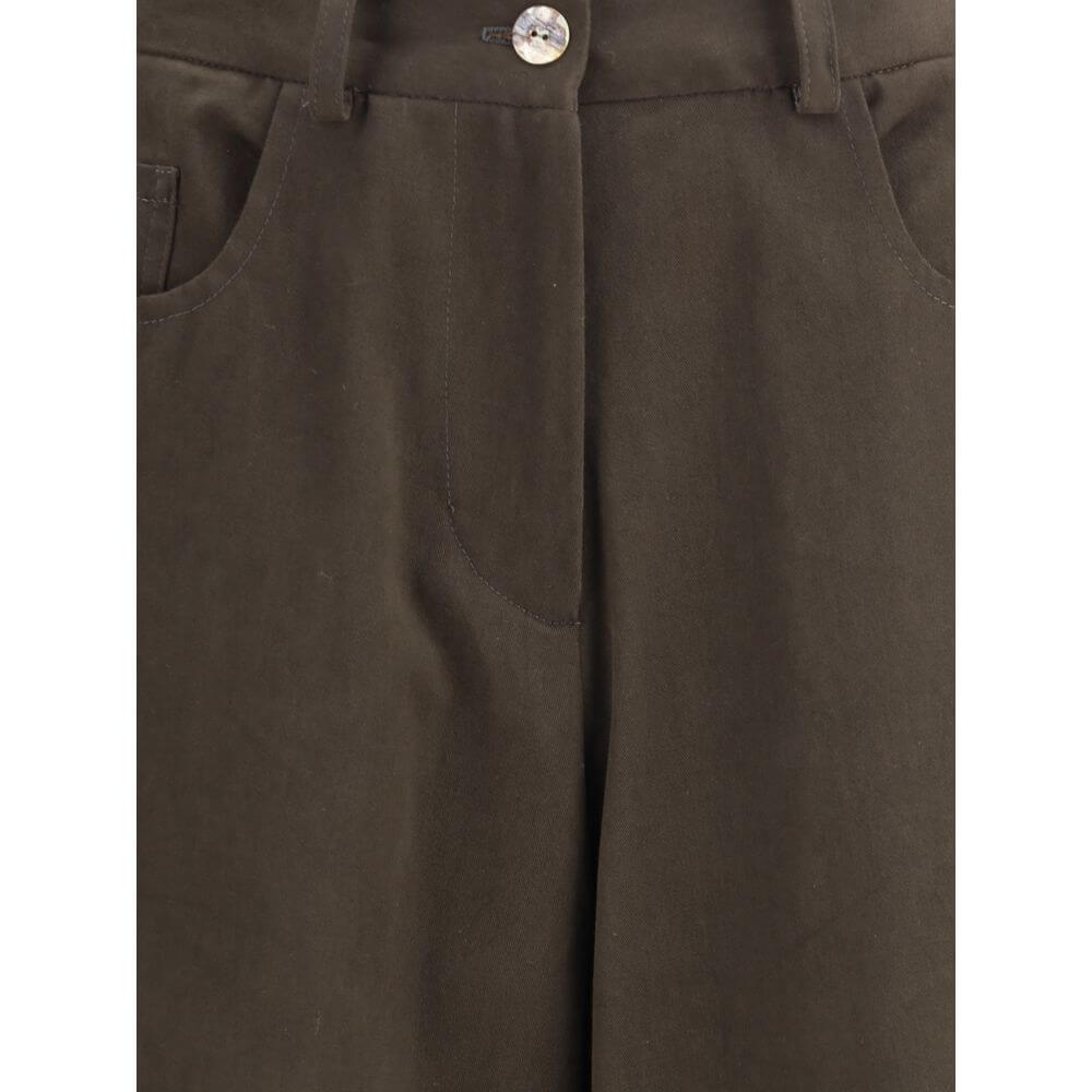 Close-up of front button and zip closure on Ella Brown Cotton Casual Pants with five-pocket styling and classic straight leg design.
