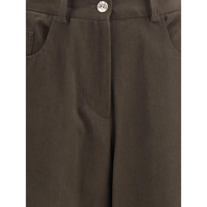 Close-up of front button and zip closure on Ella Brown Cotton Casual Pants with five-pocket styling and classic straight leg design.