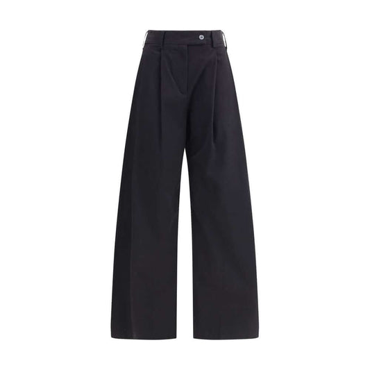 Ella Black Cotton Casual Pants with wide leg, front pleats, front zip, button closure, belt loops, side welt pockets, made in Italy.