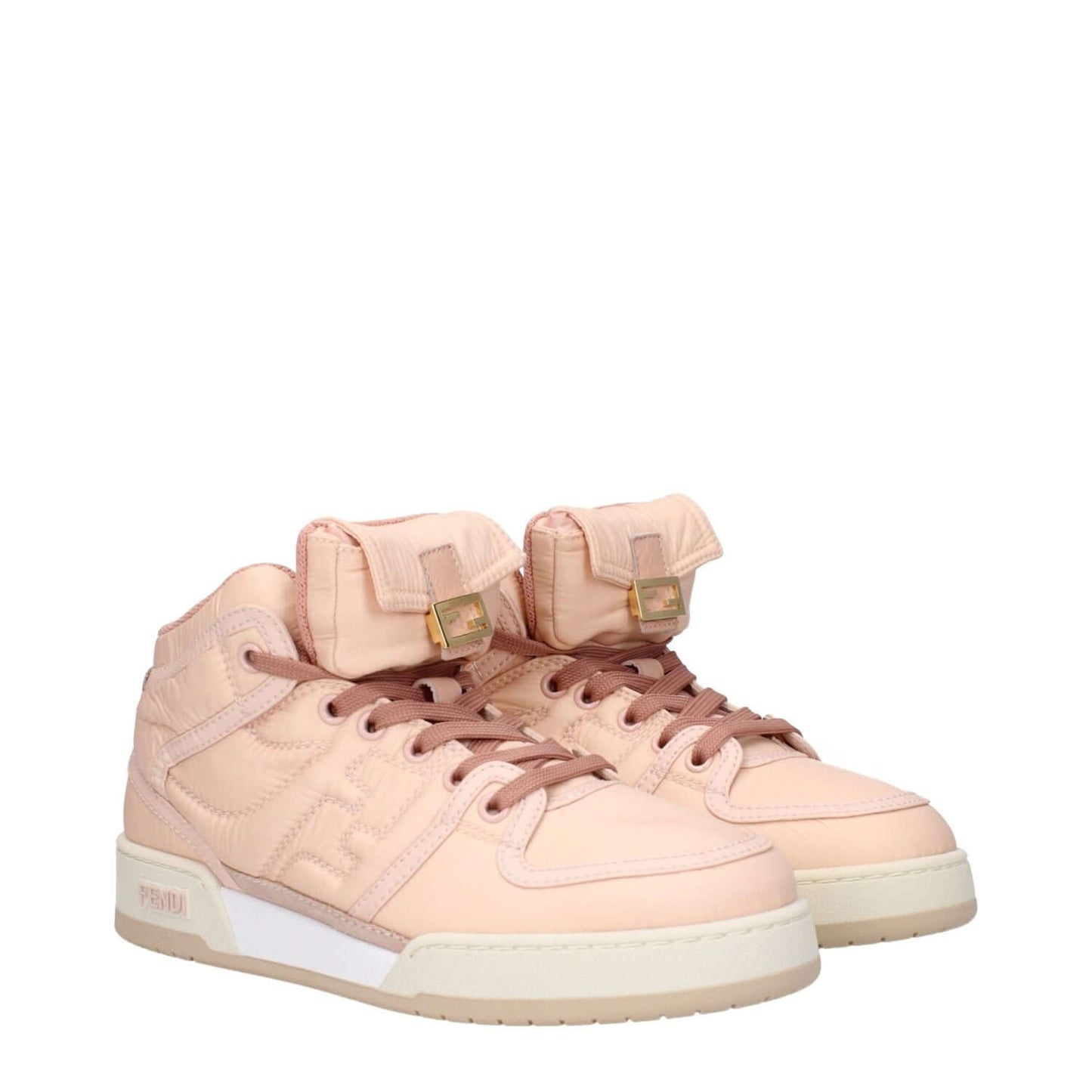 Fendi Pink Nylon High Top Sneakers with lace-up closure, round toe, and logos on sides, front, and back. Rubber sole and mid heel in peach.