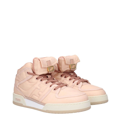 Fendi Pink Nylon High Top Sneakers with lace-up closure, round toe, and logos on sides, front, and back. Rubber sole and mid heel in peach.