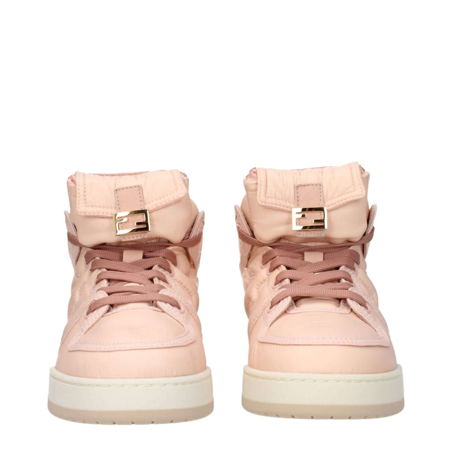 Fendi Pink Nylon High Top Sneakers with logo details, lace-up closure, round toe, and rubber sole, viewed from the front.