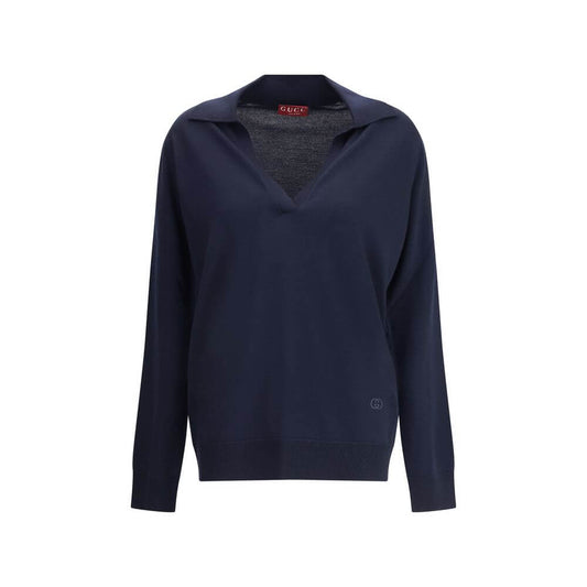 Gucci Blue Wool Sweatshirt featuring classic collar, deep V-neckline, long sleeves, and embroidered logo for casual-chic style.