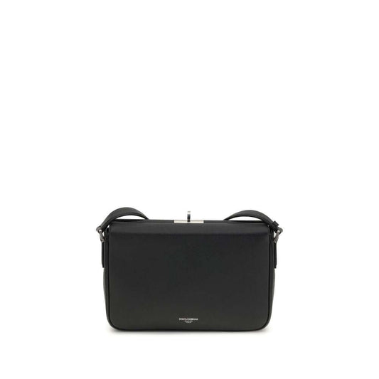 Dolce & Gabbana Black Calf Leather Bos Taurus Shoulder Bag with metal zipper and adjustable strap