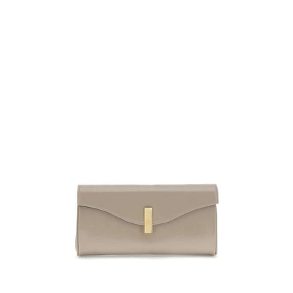Giuseppe Zanotti Beige Leather Clutch Bag with logoed metal closure and gold-tone chain strap, featuring slip pocket and card slot.
