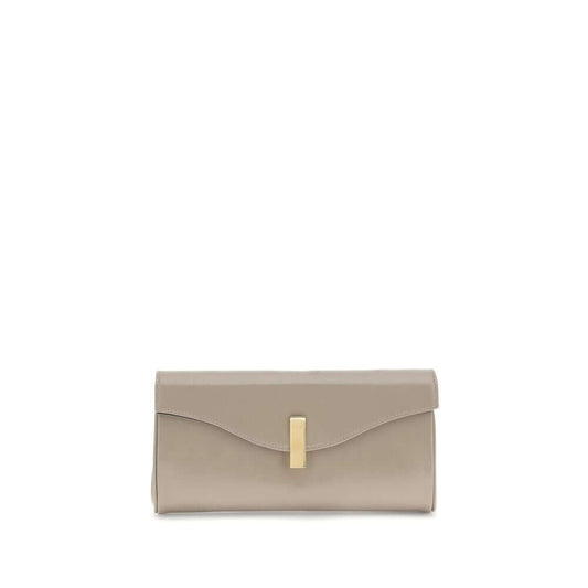 Giuseppe Zanotti Beige Leather Clutch Bag with logoed metal closure and gold-tone chain strap, stylish and compact accessory.