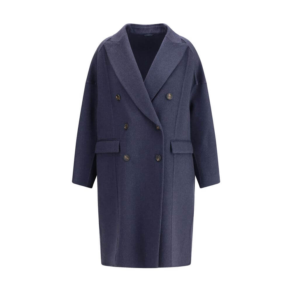 Brunello Cucinelli Blue Cashmere Coat with wide peaked lapel, double-breasted closure, and welt flap pockets, perfect for AW25.