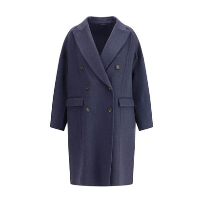 Brunello Cucinelli Blue Cashmere Coat with wide peaked lapel, double-breasted closure, and welt flap pockets, perfect for AW25.