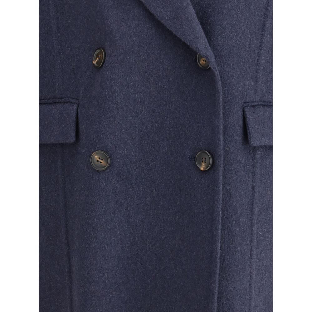 Close-up of Brunello Cucinelli Blue Cashmere Coat with peaked lapel and double-breasted buttons, showcasing elegant design.