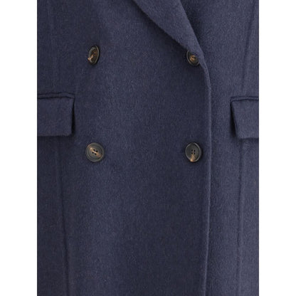 Close-up of Brunello Cucinelli Blue Cashmere Coat with peaked lapel and double-breasted buttons, showcasing elegant design.