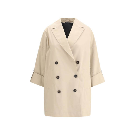 Brunello Cucinelli Beige Cotton Coat with wide lapels, double-breasted front, and jewel detail, offering modern elegance and sophistication.
