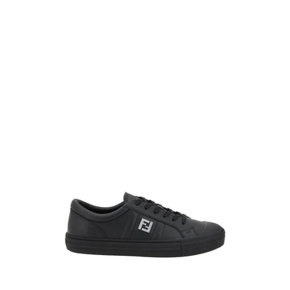 Fendi Black Calf Leather Bos Taurus Athletic Sneakers, luxury sports shoes with logo, laces, flat sole, and rounded toe for comfort.
