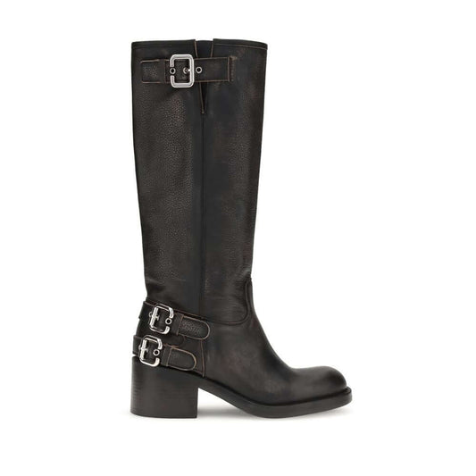 Chloé Black Calf Leather Bos Taurus Lace-Up Boots with silver buckles and tubular shaft, Dakota biker style, AW25 collection.