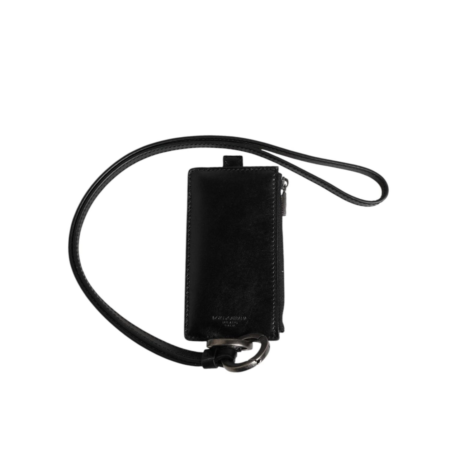 Dolce & Gabbana Black Leather Logo Embossed Lanyard Card Holder Wallet