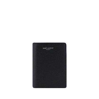 Saint Laurent Black Calf Leather Bos Taurus Wallet with embossed logo, billfold design, and card slots, AW25 9x9x2 cm.