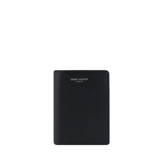 Saint Laurent Black Calf Leather Bos Taurus Wallet with embossed logo, billfold design, and card slots, AW25 9x9x2 cm.