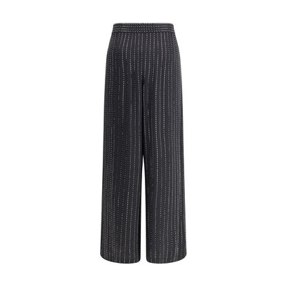 Giorgio Armani Black Silk Casual Pants with elegant pinstripe embroidery and sophisticated wide-leg design for a glamorous look.