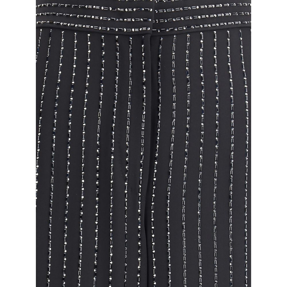 Giorgio Armani Black Silk Casual Pants with pinstripe embroidery and sequin details, showcasing elegance and glamour.